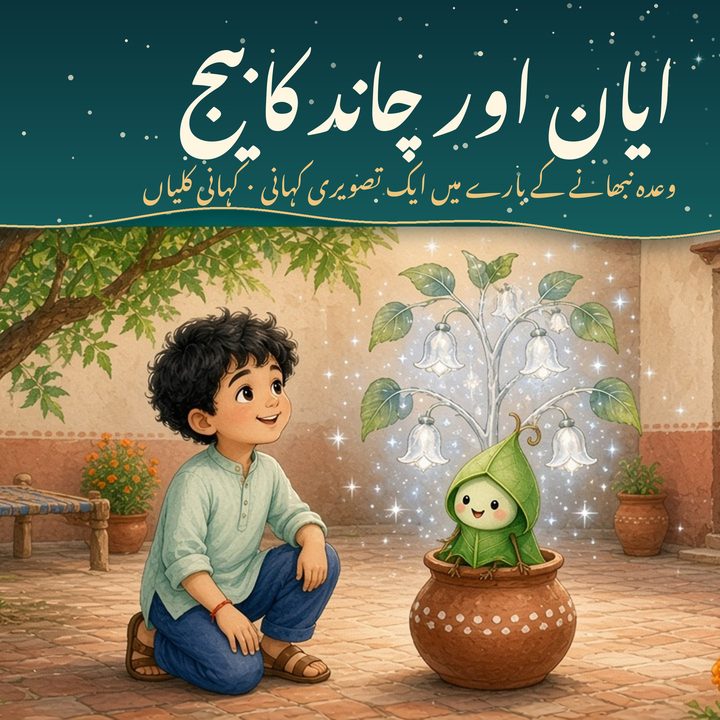 ایان اور چاند کا بیج کا سرورق: تاروں بھرے آسمان تلے ایک لڑکا مٹی کے گملے کے پاس بیٹھا چاندی جیسے پھولوں والے ننھے درخت کو دیکھ رہا ہے۔