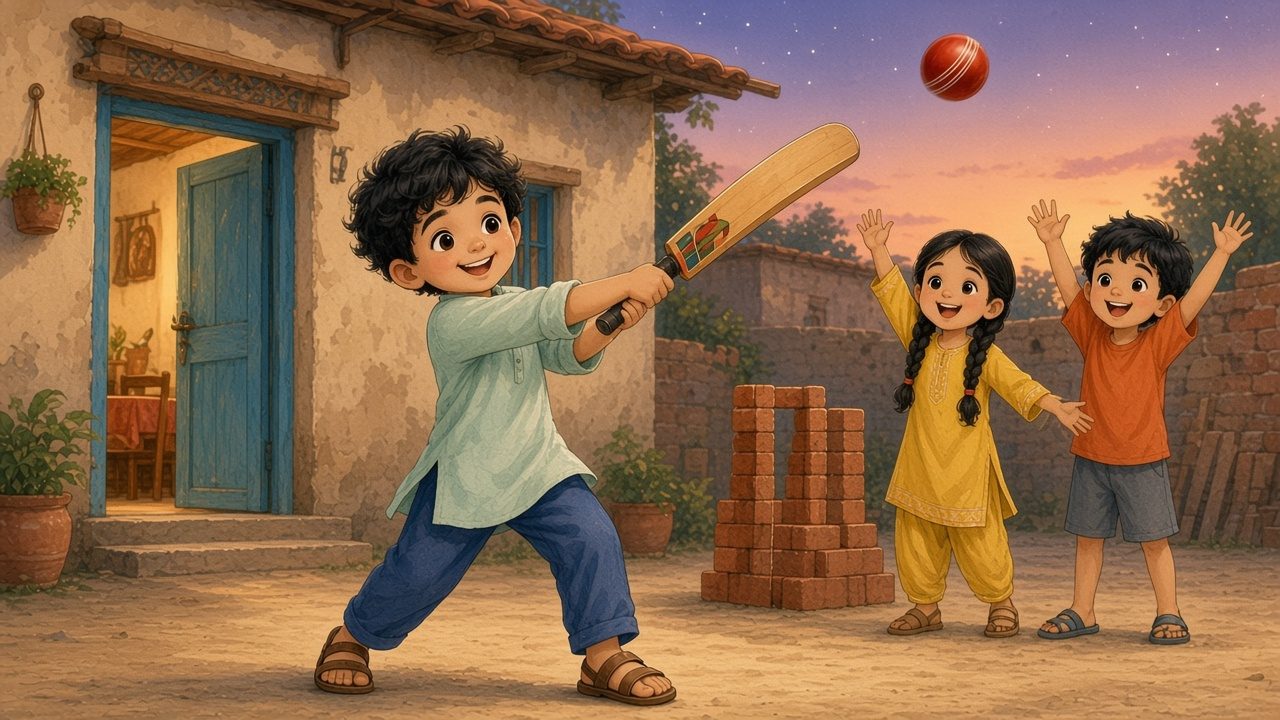 شام کے وقت گلی میں ایان لال گیند پر بلا گھما رہا ہے، اور اس کے دو دوست اینٹوں کی وکٹ کے پاس خوشی سے ہاتھ اٹھائے ہیں۔