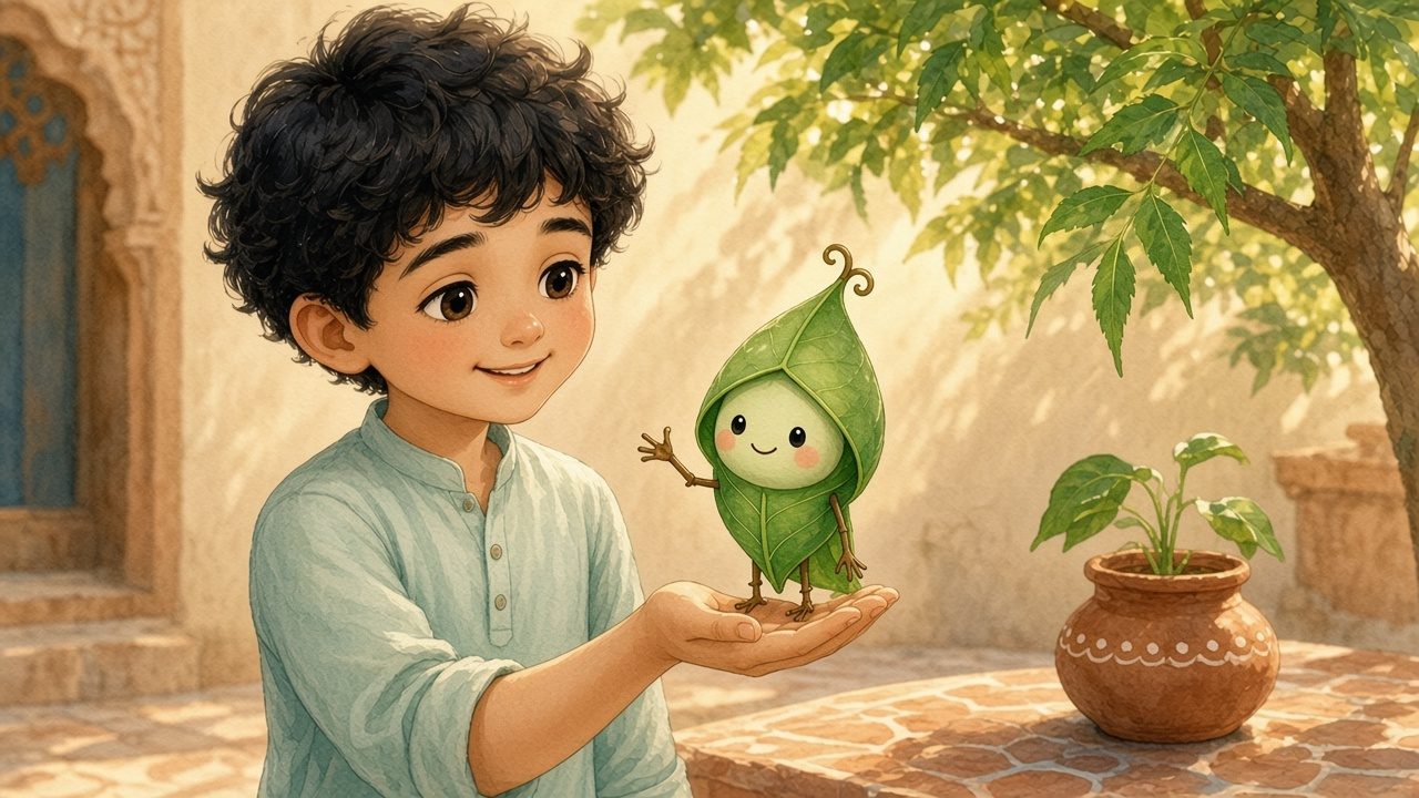 سبز ایان کی کھلی ہتھیلی پر کھڑا مہربانی سے مسکرا رہا ہے، اور پیچھے مٹی کا گملا رکھا ہے۔