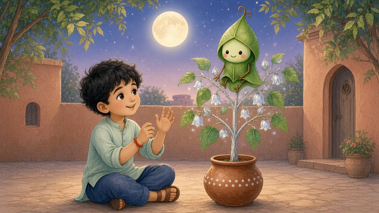 طلوع ہوتے چاند تلے ایان گملے میں لگے چاندی جیسی کلیوں والے ننھے درخت کے پاس بیٹھا ہے، اور سبز اس کی چوٹی پر بیٹھا ہے۔