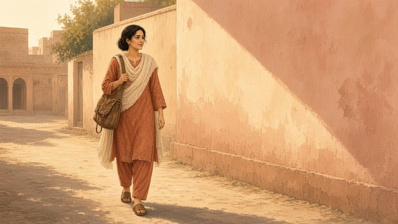 بعد میں لیلا آہستہ چل رہی ہے اور پڑوسی کی دیوار پر عام دیر کی روشنی کی لکیر دیکھ رہی ہے۔