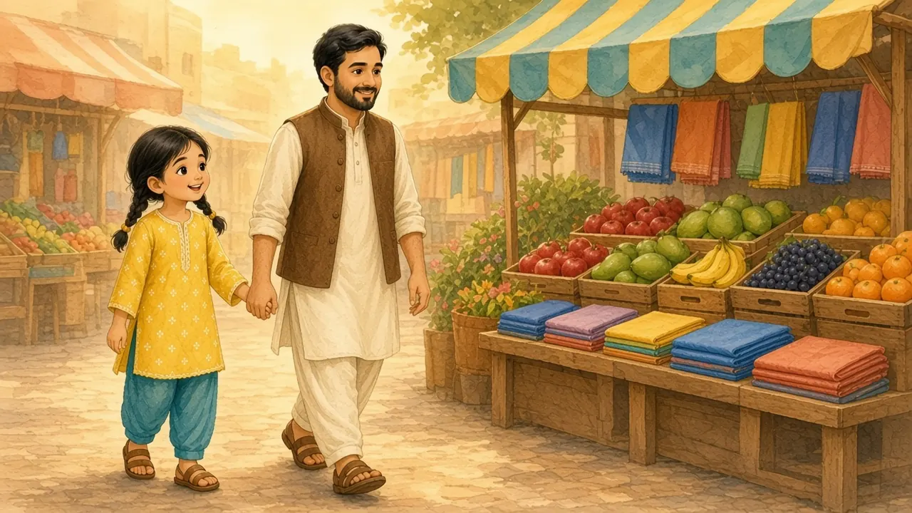 مینا اور ابو صبح کی روشنی میں دھاری دار چھتری والے پھلوں اور کپڑے کے اسٹال پر پہنچ رہے ہیں۔