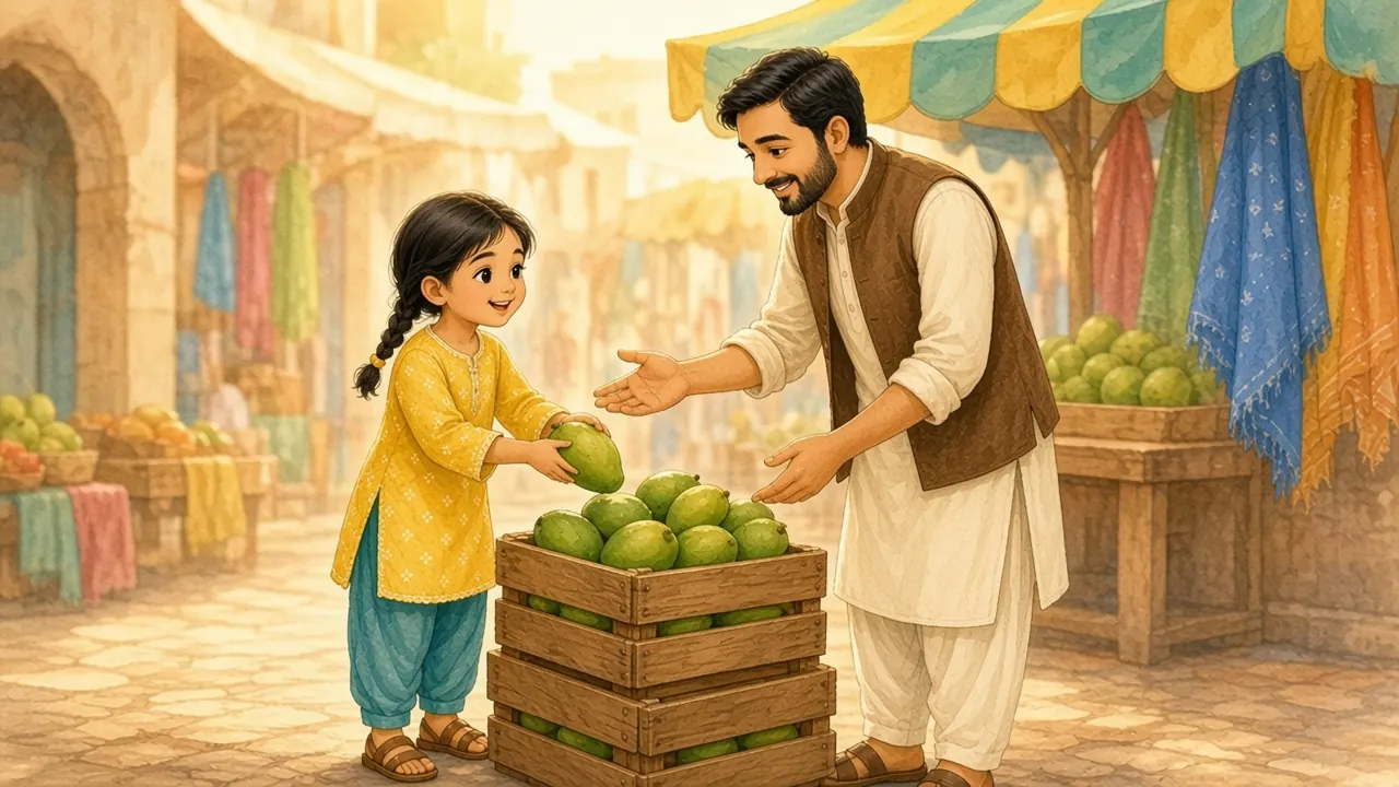 ابو مسکرا کر مینا کو ترتیب دینے میں مدد کے لیے کہہ رہے ہیں؛ وہ صندوقوں کے پاس تیار کھڑی ہے۔