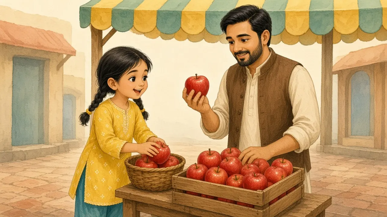 ابو چمکدار لال سیب اٹھائے ہیں اور مینا اسے ٹوکری میں رکھ کر لال کا لفظ سیکھ رہی ہے۔
