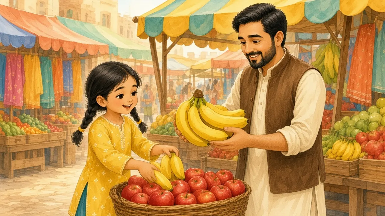 مینا پکے پیلے کیلے لال سیبوں کے پاس رکھ رہی ہے جب ابو پیلا سکھا رہے ہیں۔