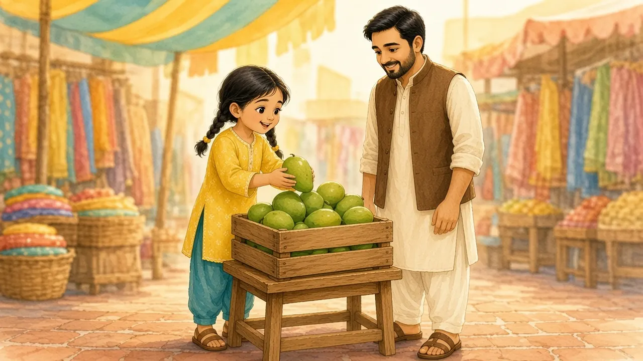 مینا لکڑی کے صندوق میں ہرے آم سنبھال کر رکھ رہی ہے اور ہرا سرگوشی کر رہی ہے۔