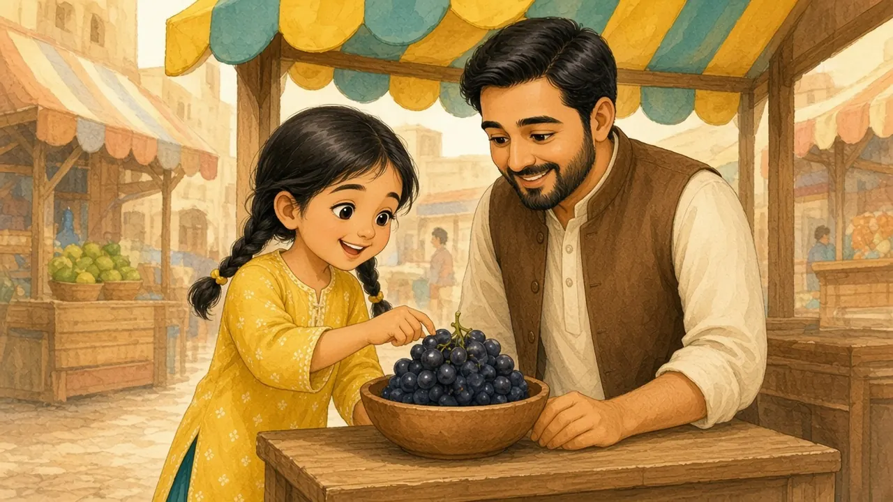 مینا چھوٹی کٹوری میں کالے انگور گن رہی ہے اور ابو کالا سکھا رہے ہیں۔