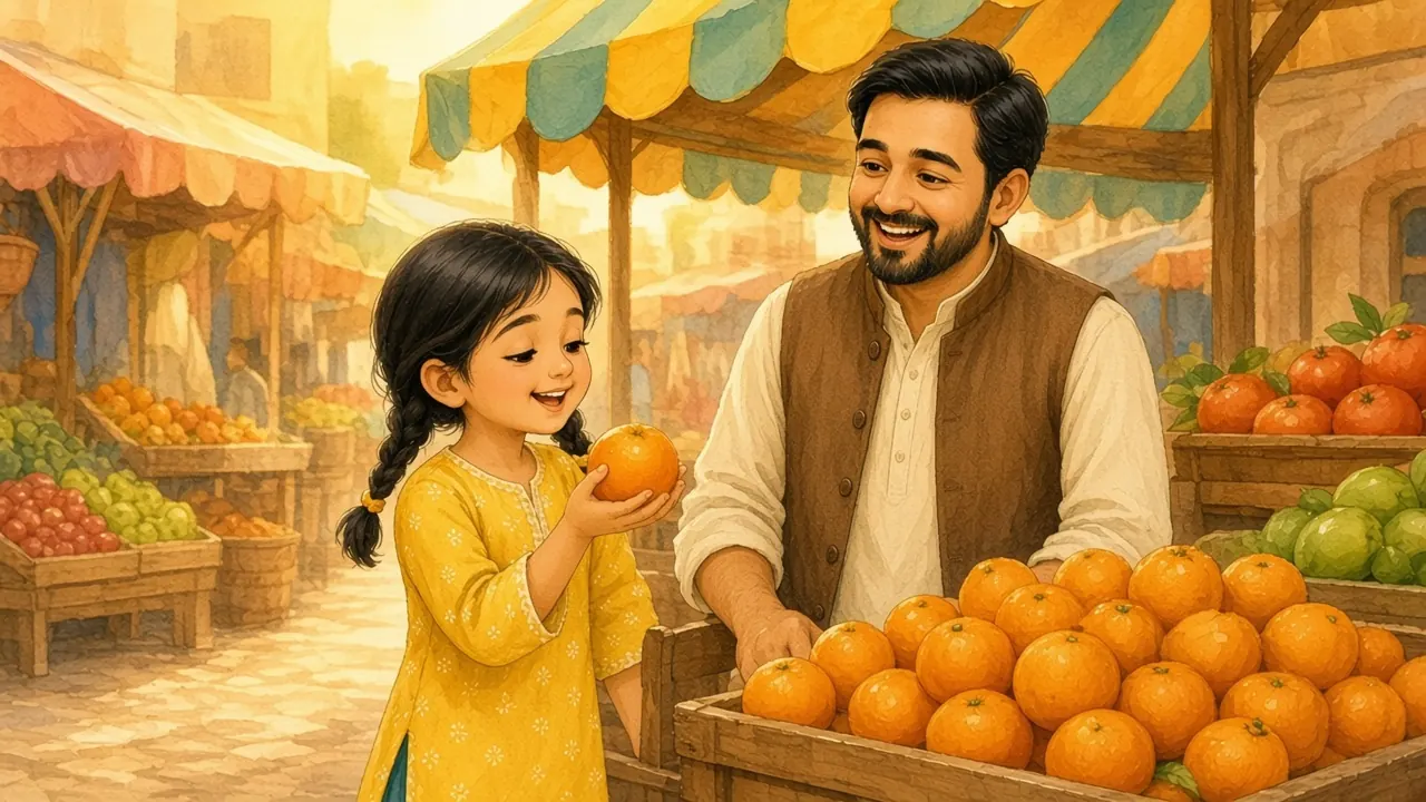 مینا گول نارنگی ہتھیلی میں گھما رہی ہے جب ابو ہنس کر نارنجی سکھا رہے ہیں۔