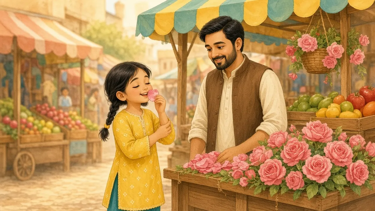 ابو گلابی گلابوں کا گچھا تھامے ہیں؛ مینا ایک گلاب گال سے لگائے سرگوشی سے گلابی کہہ رہی ہے۔