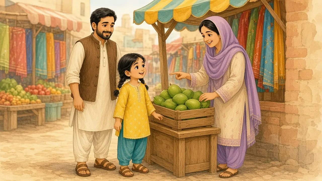 گاہک ہرے آم کی طرف اشارہ کر رہا ہے؛ مینا فخر سے ہرا کہہ رہی ہے اور ابو خوش ہیں۔