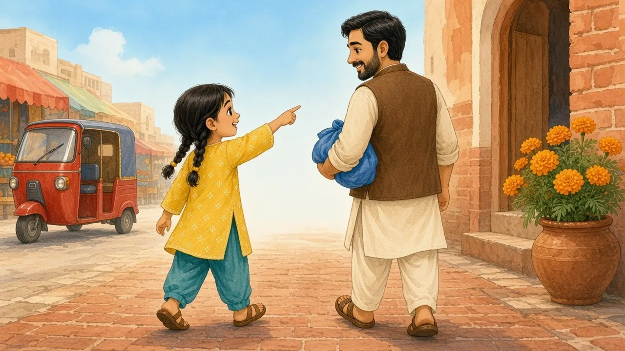 گھر جاتے ہوئے ابو کے نیلے بنڈل کے ساتھ مینا لال آٹو رکشہ، دہلیز پر نارنجی پیلی گیندے اور نیلے آسمان کے رنگ نام لے رہی ہے۔