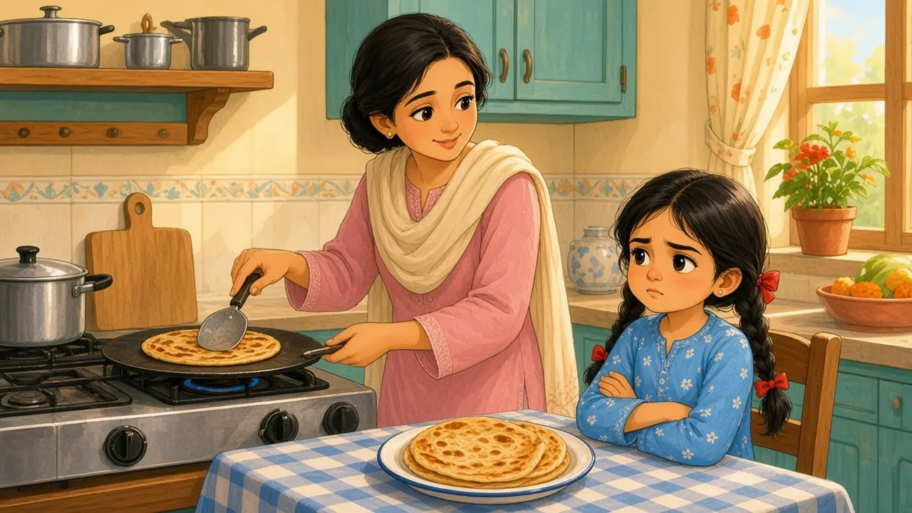 دھوپ بھرے باورچی خانے میں امی توے پر پراٹھے بنا رہی ہیں اور ثنا میز پر بازو باندھے، گول پراٹھوں کی پلیٹ کے سامنے منہ بنائے بیٹھی ہے۔