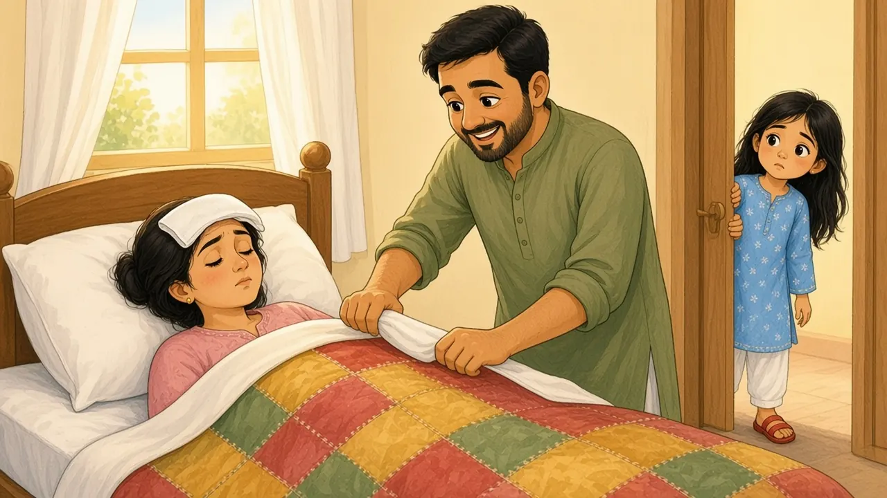 امی بخار میں بستر پر لیٹی ہیں، ماتھے پر ٹھنڈی پٹی ہے؛ ابو اُنہیں رنگ برنگی رضائی اوڑھا رہے ہیں اور ثنا دروازے سے پریشان ہو کر جھانک رہی ہے۔