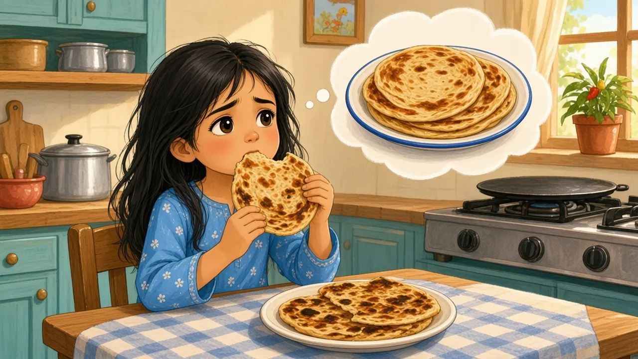 کھلے بالوں والی ثنا ابو کا ٹیڑھا میڑھا، جلا ہوا پراٹھا چباتے ہوئے منہ بنا رہی ہے اور امی کے نرم، گول، سنہرے پراٹھوں کا سوچ رہی ہے۔