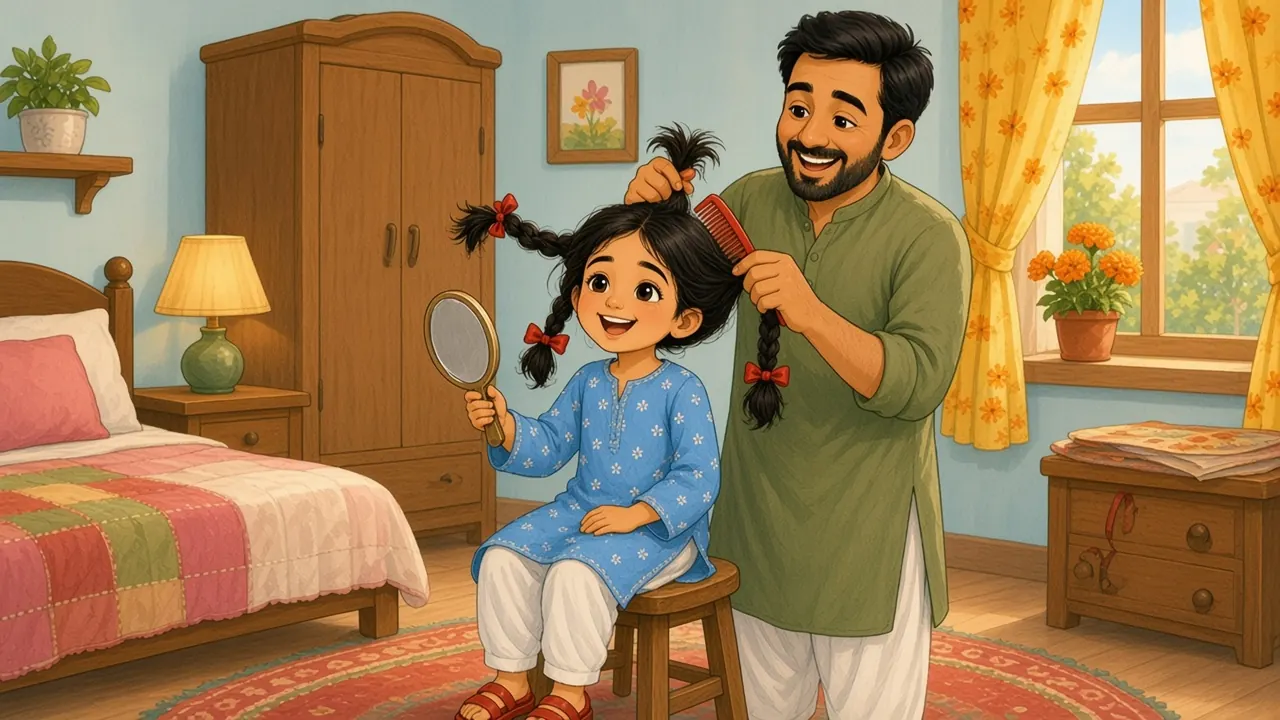 مسکراتے ابو ابھی تک ثنا کے بالوں میں کنگھی کر رہے ہیں، جو لال ربنوں والی بے ترتیب لٹوں میں چڑیا کے گھونسلے کی طرح کھڑے ہیں؛ ثنا ہاتھ کے آئینے میں دیکھ کر ہنس رہی ہے۔