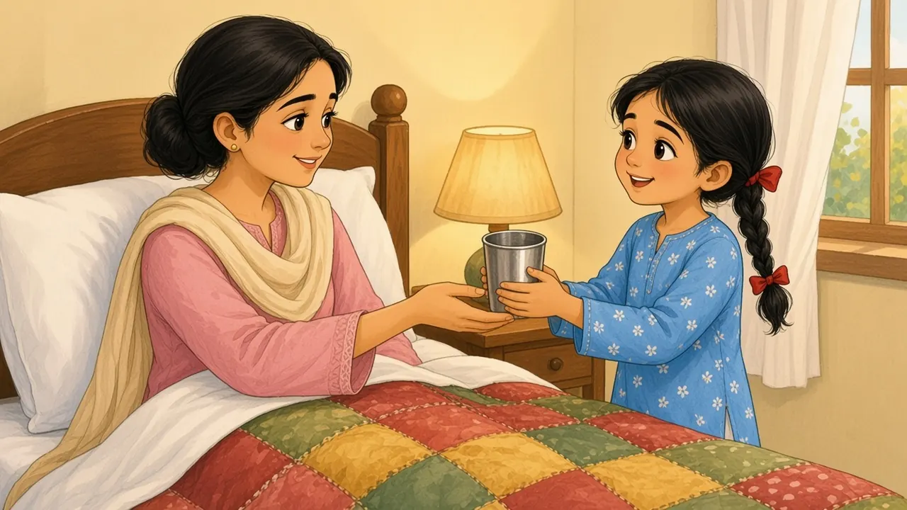ثنا احتیاط سے پانی کا گلاس امی کو دے رہی ہے، جو بستر سے شکر گزاری سے مسکرا رہی ہیں۔