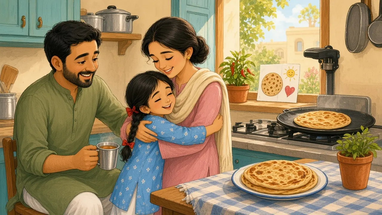 صحت یاب امی چولہے کے پاس ثنا کو گلے لگائے ہوئے ہیں اور توے پر گول پراٹھا سِک رہا ہے؛ ابو چائے کا کپ لیے مسکرا رہے ہیں اور کھڑکی میں ثنا کا کارڈ رکھا ہے۔