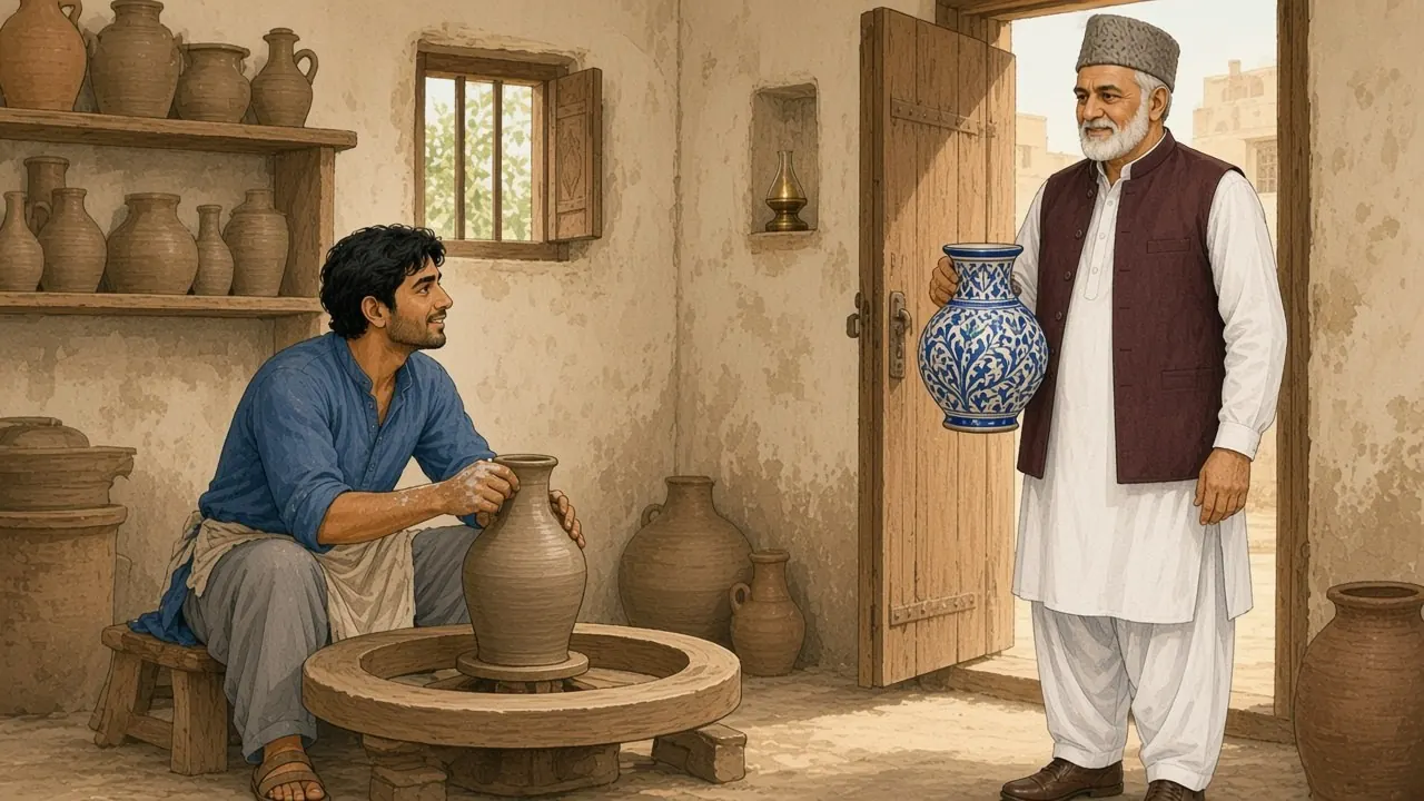 مٹی کے برتنوں سے بھری ایک چھوٹی سی کمہار کی دکان میں حامد نیچی چوکی پر بیٹھا چاک پر مٹی کی صراحی بنا رہا ہے اور دروازے میں کھڑے اقبال صاحب کو دیکھ رہا ہے، جن کے ہاتھ میں نمونے کی نیلی سفید صراحی ہے۔