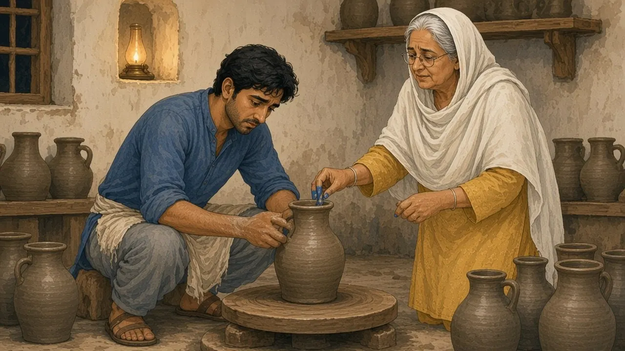 ایک چھوٹے سے دیے کی روشنی میں تھکا ہوا حامد گیلی مٹی کی صراحیوں کی قطاروں کے بیچ چاک کے پاس جھکا ہے، اور خالہ بانو نیلی انگلی سے ایک صراحی چھو کر ماتھے پر بل ڈالے ہوئے ہیں۔