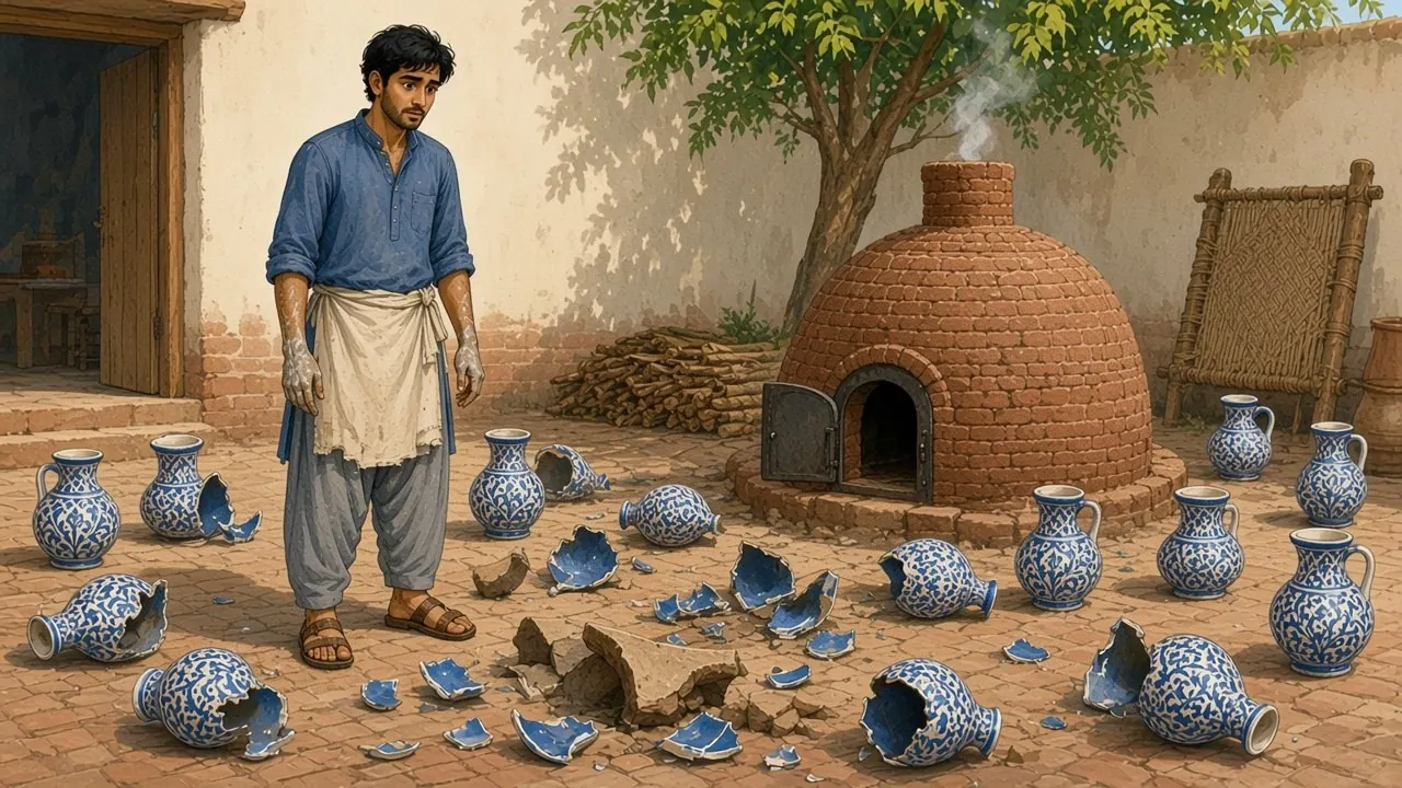 صبح کی روشنی میں حامد صحن میں بکھری درجنوں تڑخی اور ٹوٹی نیلی سفید صراحیوں کے بیچ سکتے میں کھڑا ہے، اور بھٹی سے ابھی تک ہلکا دھواں اٹھ رہا ہے۔