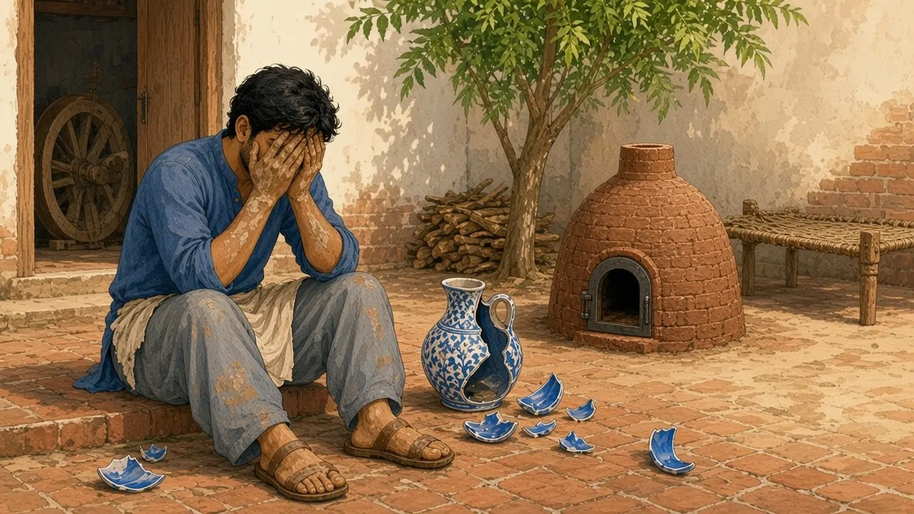 حامد اینٹوں کی نیچی سیڑھی پر بیٹھا مٹی سے لتھڑے ہاتھوں سے منہ چھپائے ہوئے ہے؛ اُس کے پاؤں کے پاس ایک ٹوٹی صراحی اور نیلی ٹھیکریاں پڑی ہیں، اور پیچھے دکان کے دروازے میں لکڑی کا ایک پرانا پہیا کھڑا ہے۔