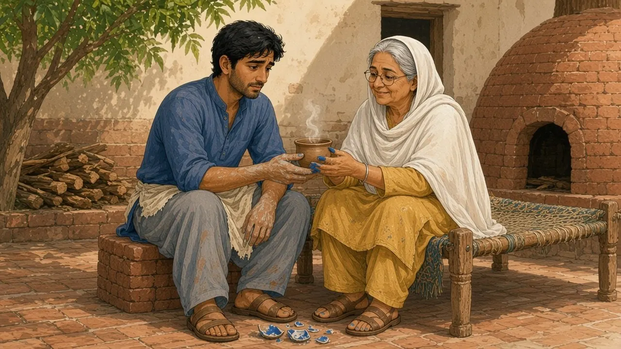 نیم کے درخت تلے حامد چارپائی کے پاس اینٹوں کی نیچی منڈیر پر بیٹھا ہے، اور چارپائی پر بیٹھی خالہ بانو اُس کے ہاتھوں میں چائے کی گرم پیالی تھما رہی ہیں۔