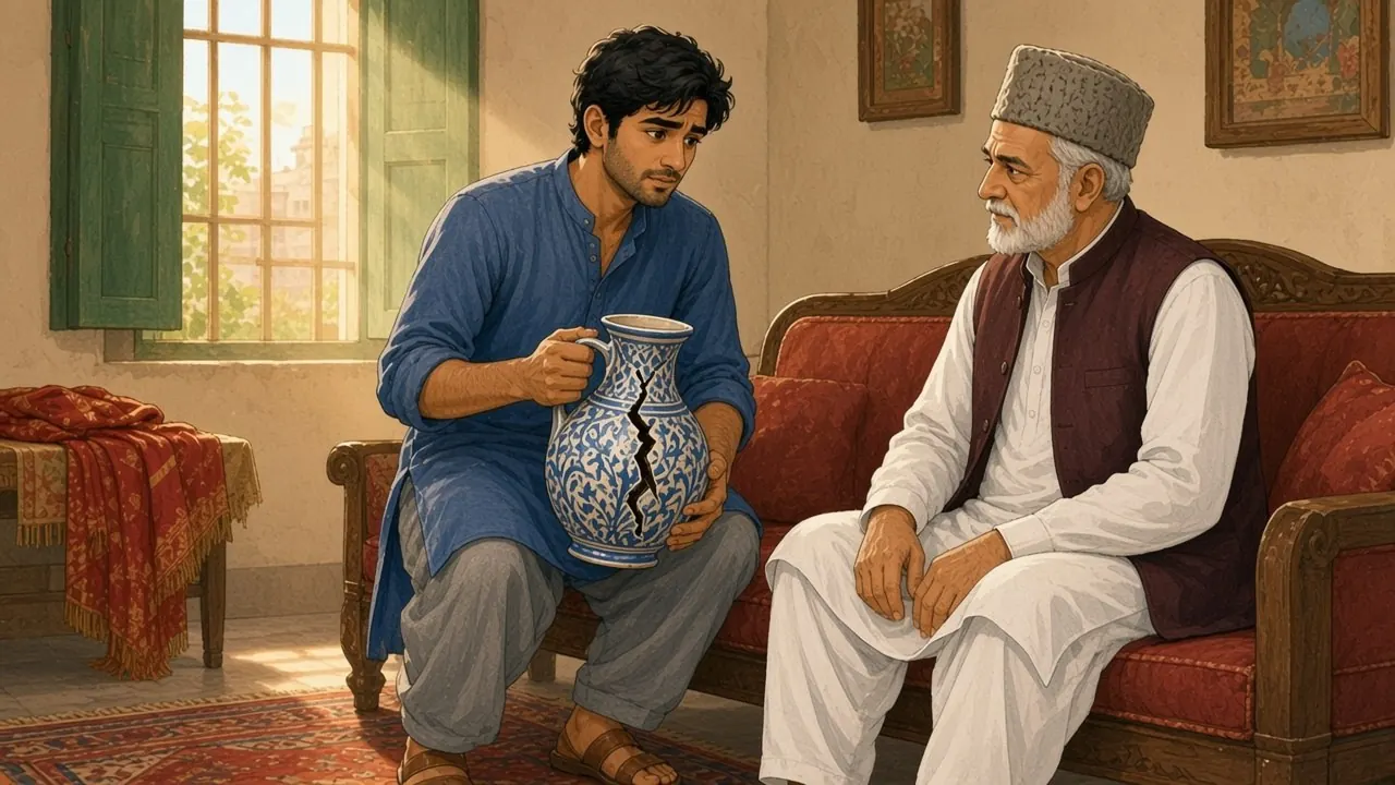 نقش دار سرخ صوفے والے کمرے میں حامد صوفے کے کنارے پر ٹکا، ایک بُری طرح تڑخی ہوئی نیلی صراحی ہاتھ میں لیے، اقبال صاحب کی طرف جھک کر بات سمجھا رہا ہے، اور وہ سنجیدہ چہرے کے ساتھ سن رہے ہیں۔