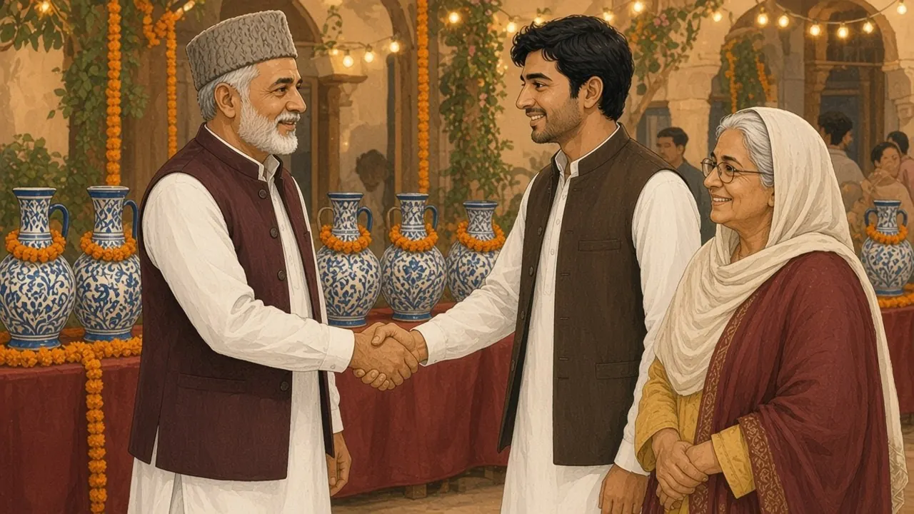 شام کی شادی میں جگمگاتی روشنیوں تلے سرخ میز پر گیندے کے ہاروں والی نیلی سفید صراحیاں سجی ہیں، اقبال صاحب گرم جوشی سے حامد سے ہاتھ ملا رہے ہیں اور ساتھ کھڑی خالہ بانو مسکرا رہی ہیں۔