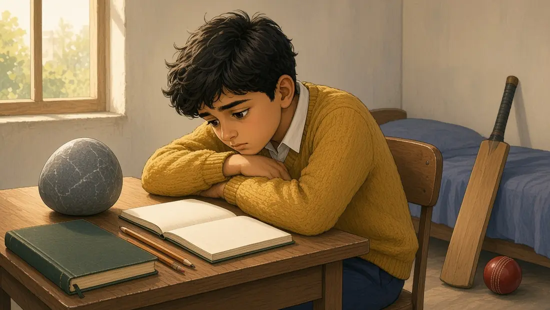 حمزہ میز پر جھکا بیٹھا ہے، پاس بڑا پتھر، خالی کاپی اور پنسلیں؛ کونے میں کرکٹ کا بلا پڑا ہے۔
