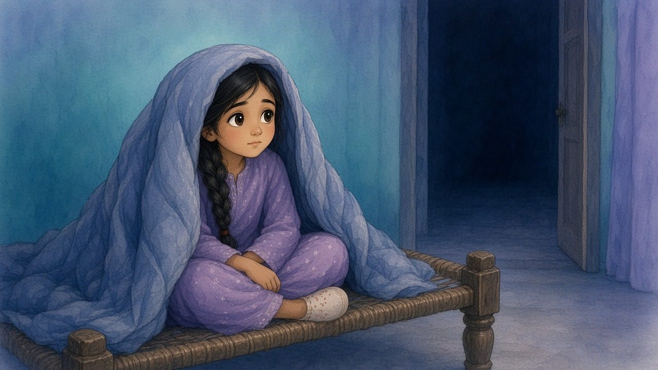 زویا چارپائی پر لحاف تلے سے صرف آنکھیں نکالے اندھیرے برآمدے کے دروازے کی طرف دیکھ رہی ہے۔