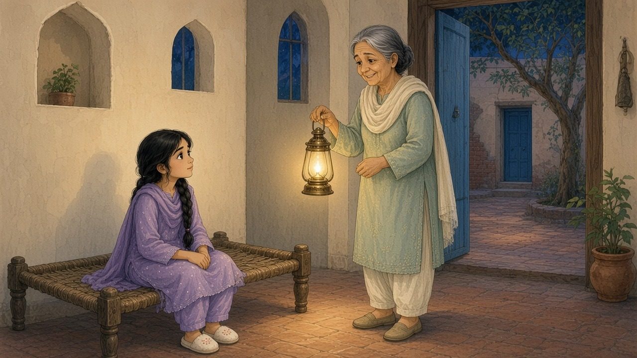 نانو زویا کو چھوٹا پیتل کا فانوس تھما رہی ہیں، فرش پر گرم روشنی پھیلی ہے اور زویا بستر سے اوپر دیکھ رہی ہے۔