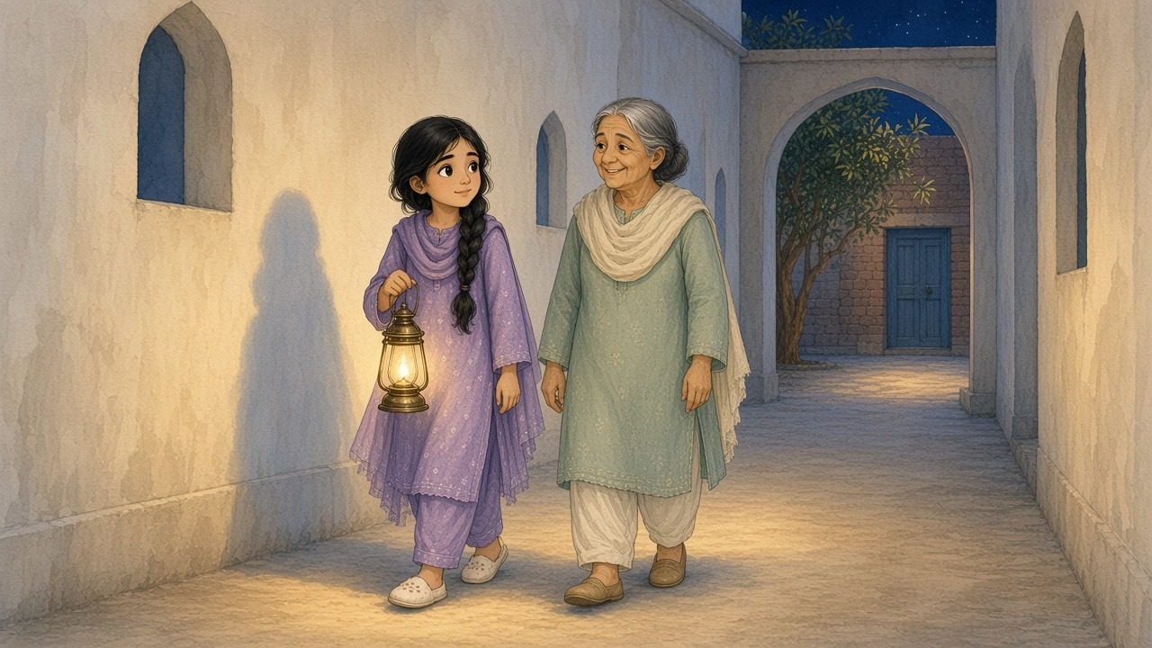 زویا اور نانو رات کو کریمی برآمدے میں چل رہی ہیں؛ زویا نانو کی آستین اور چمکتا فانوس تھامے ہے۔