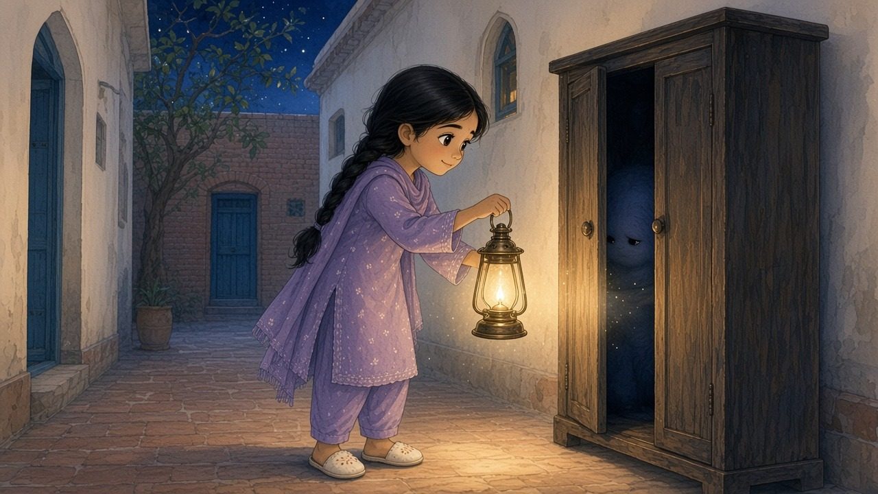 زویا الماری کے نیچے اندھیری دراڑ کی طرف فانوس اٹھاتی ہے، گرد تیر رہی ہے اور سایے میں کچھ نرم سا ہل رہا ہے۔